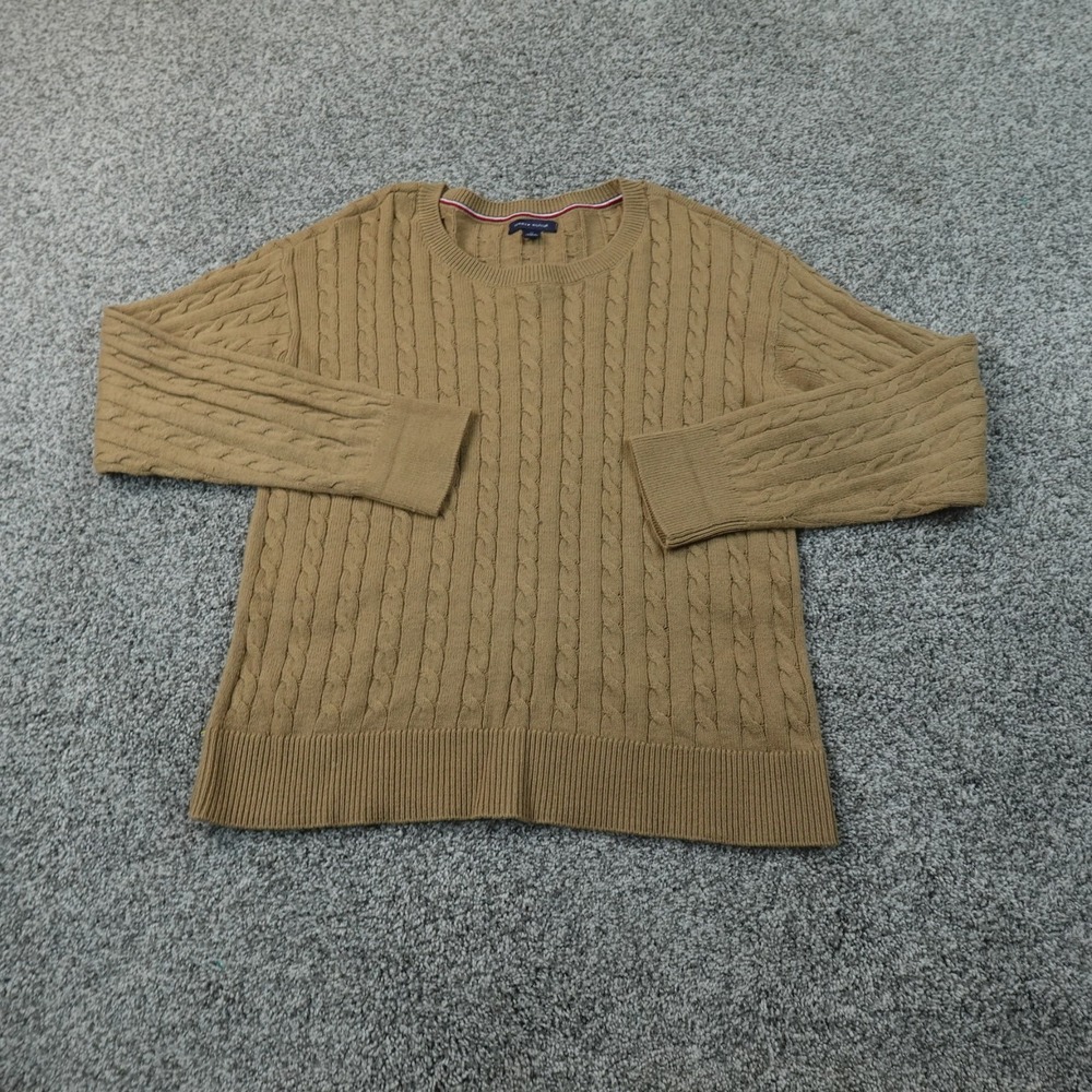 Tommy Hilfiger Sweater Womens M Brown Beige Cable Knit Crewneck Pullover Flag